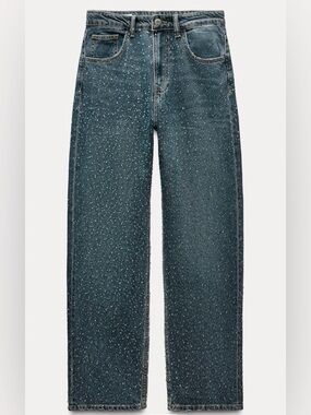 Zara The Embellished Mid Rise Fit Jeans in Medium Blue Size 12